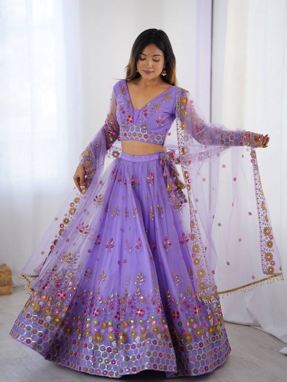 Lavender Semi-Stitched Embroidered Net Lehenga Choli Set – Timeless Beauty in Every Thread