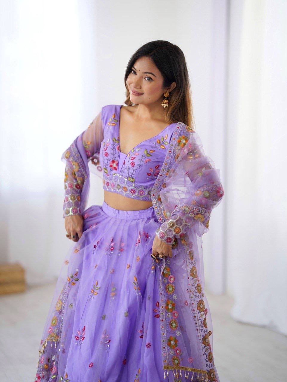 Lavender Semi-Stitched Embroidered Net Lehenga Choli Set – Timeless Beauty in Every Thread