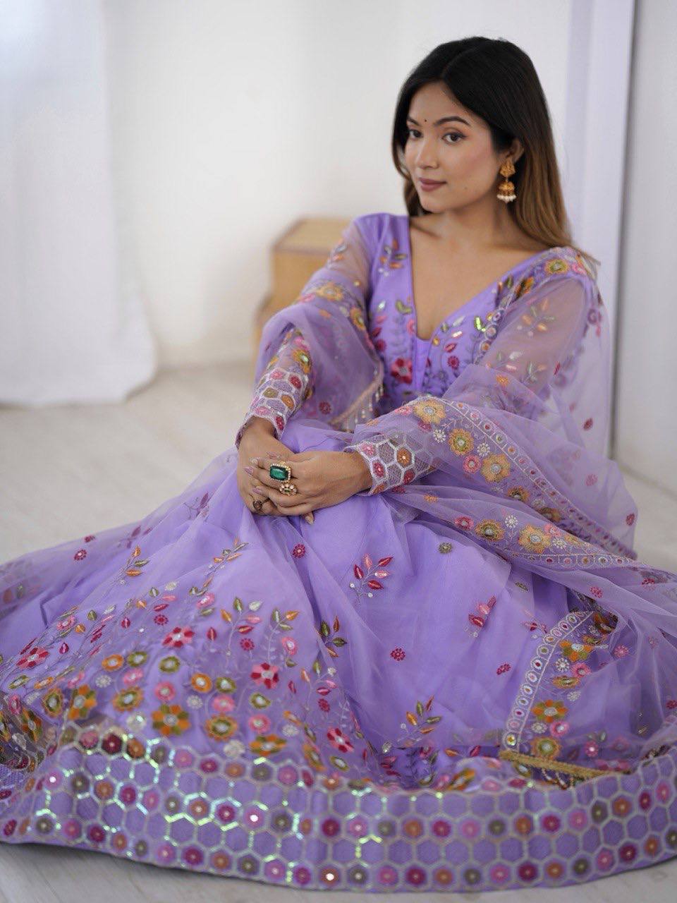 Lavender Semi-Stitched Embroidered Net Lehenga Choli Set – Timeless Beauty in Every Thread