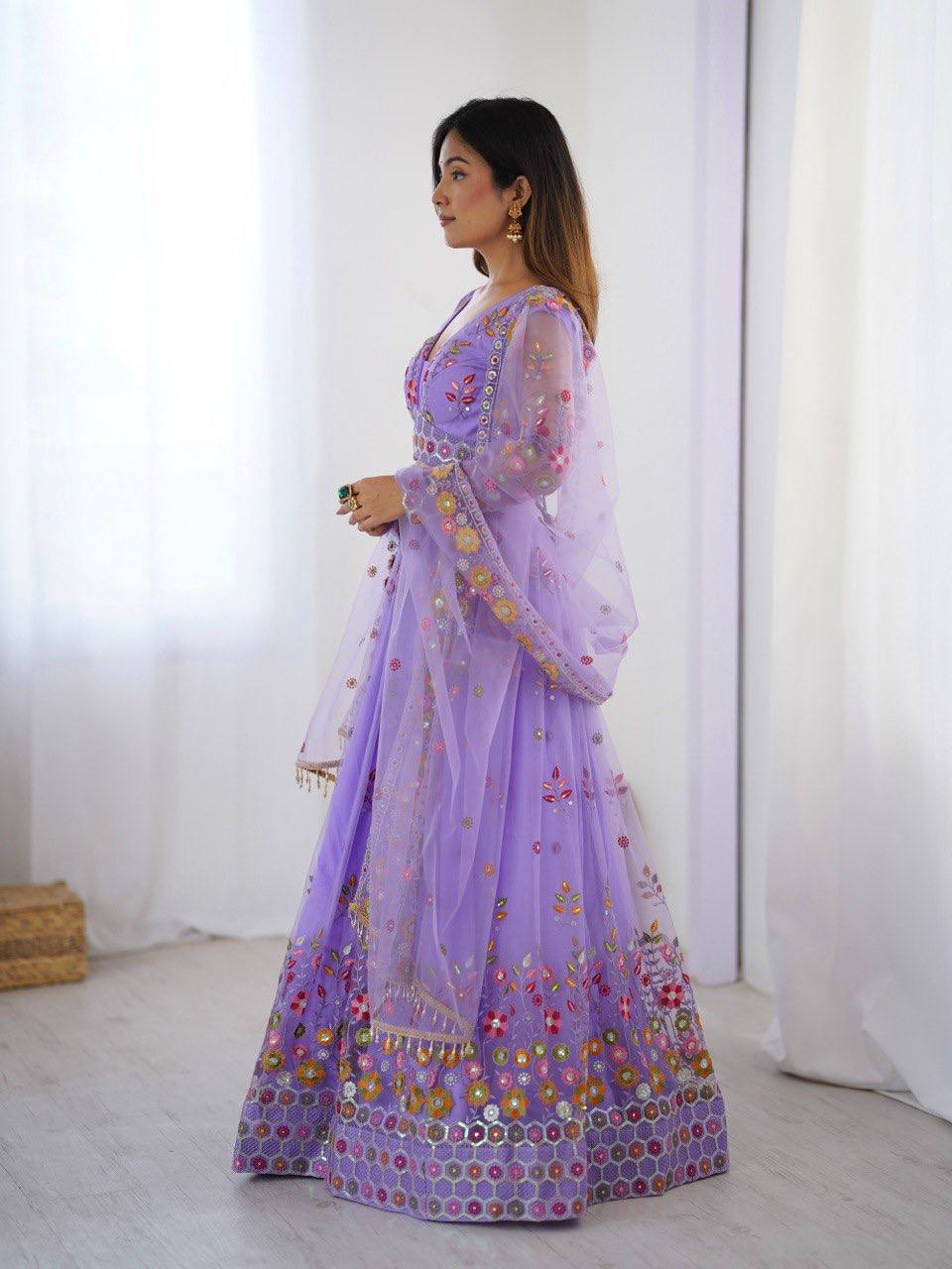 Lavender Semi-Stitched Embroidered Net Lehenga Choli Set – Timeless Beauty in Every Thread