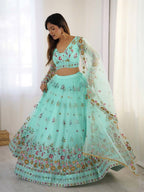 Pista Semi-Stitched Embroidered Net Lehenga Choli Set – Timeless Beauty in Every Thread