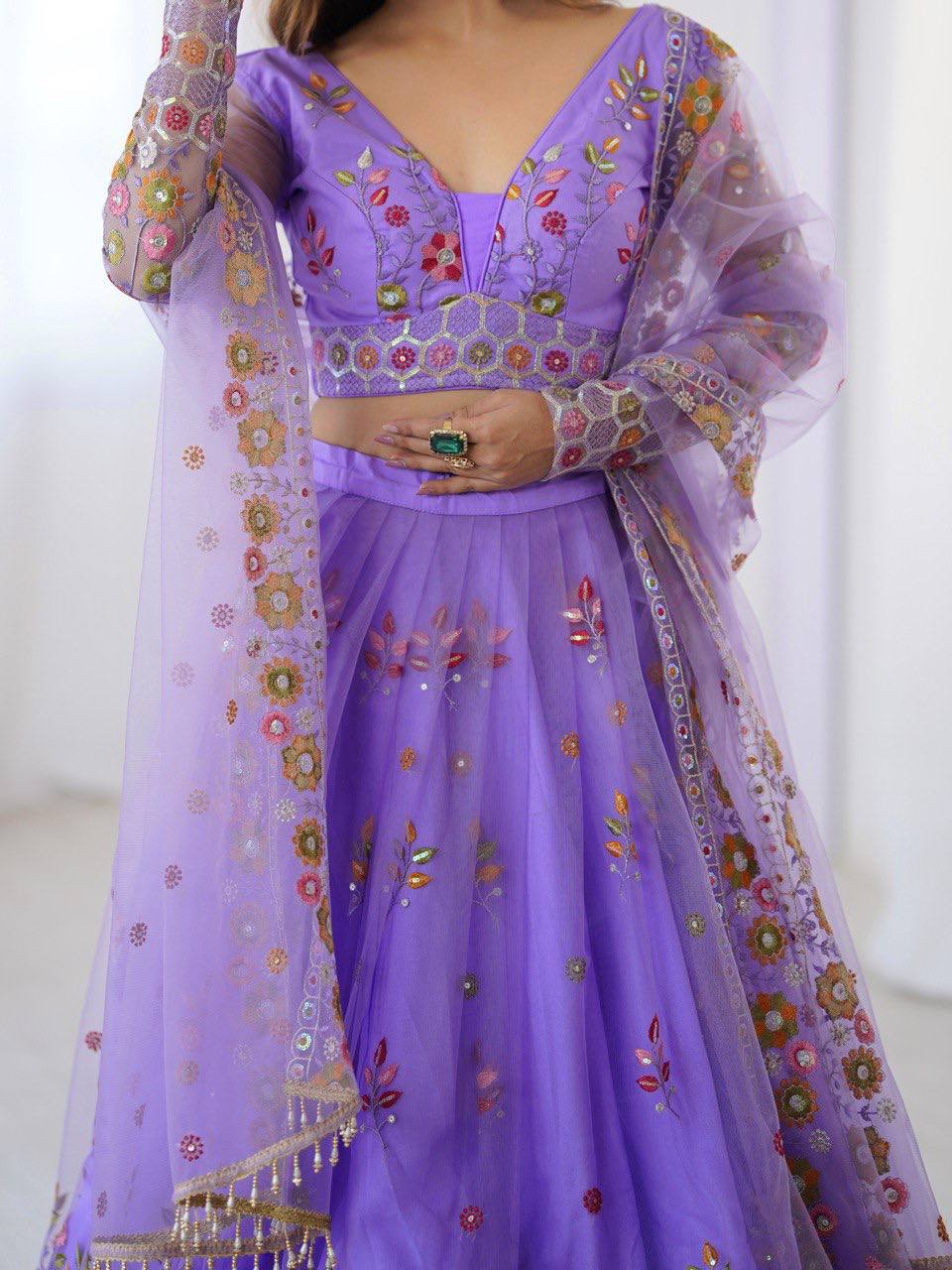 Lavender Semi-Stitched Embroidered Net Lehenga Choli Set – Timeless Beauty in Every Thread