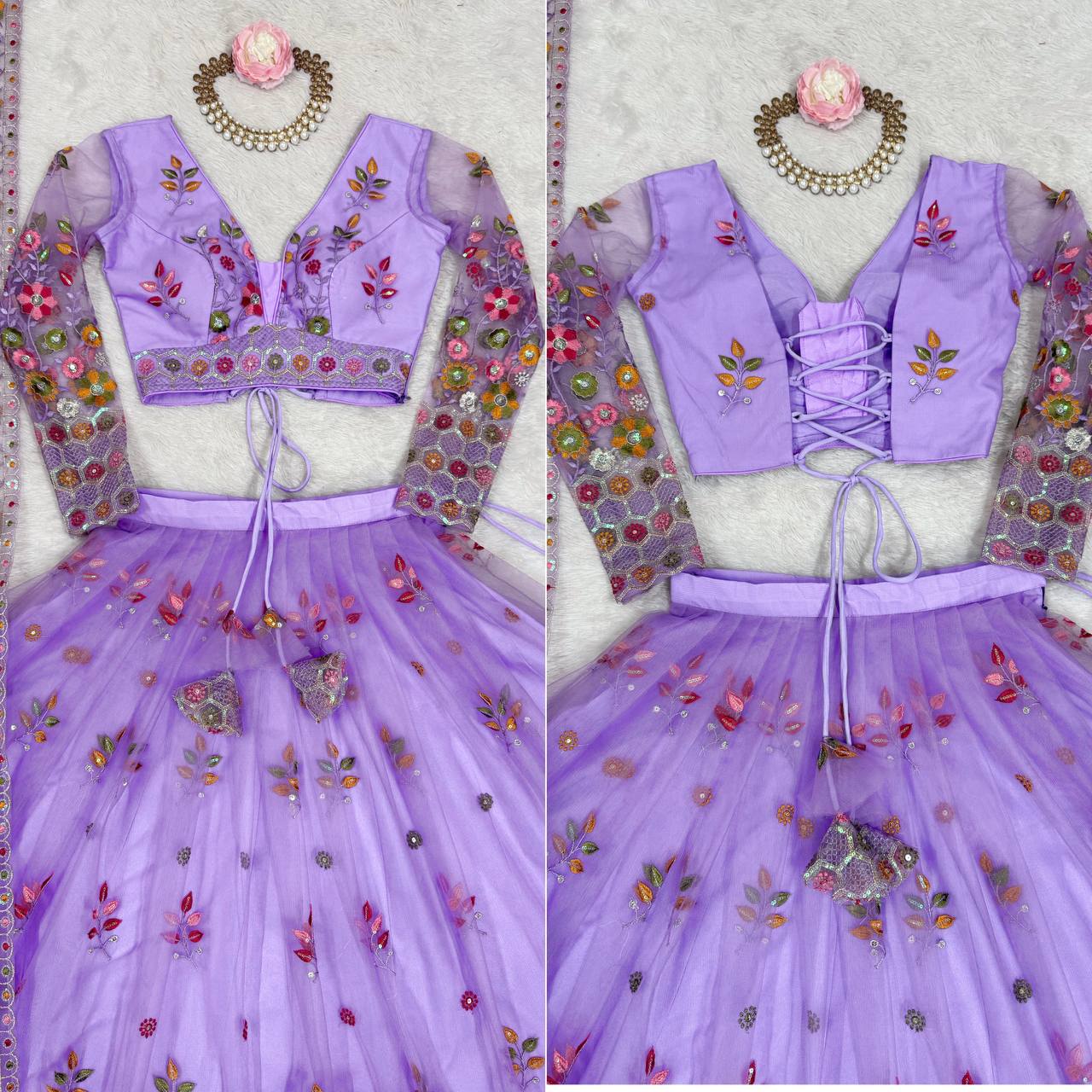 Lavender Semi-Stitched Embroidered Net Lehenga Choli Set – Timeless Beauty in Every Thread