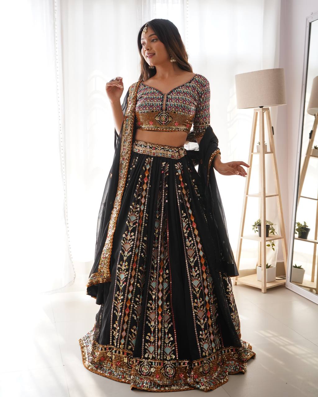 Black Party Wear Lehenga Choli in Georgette – Embellished with Sequin Embroidery Semi-Stitched