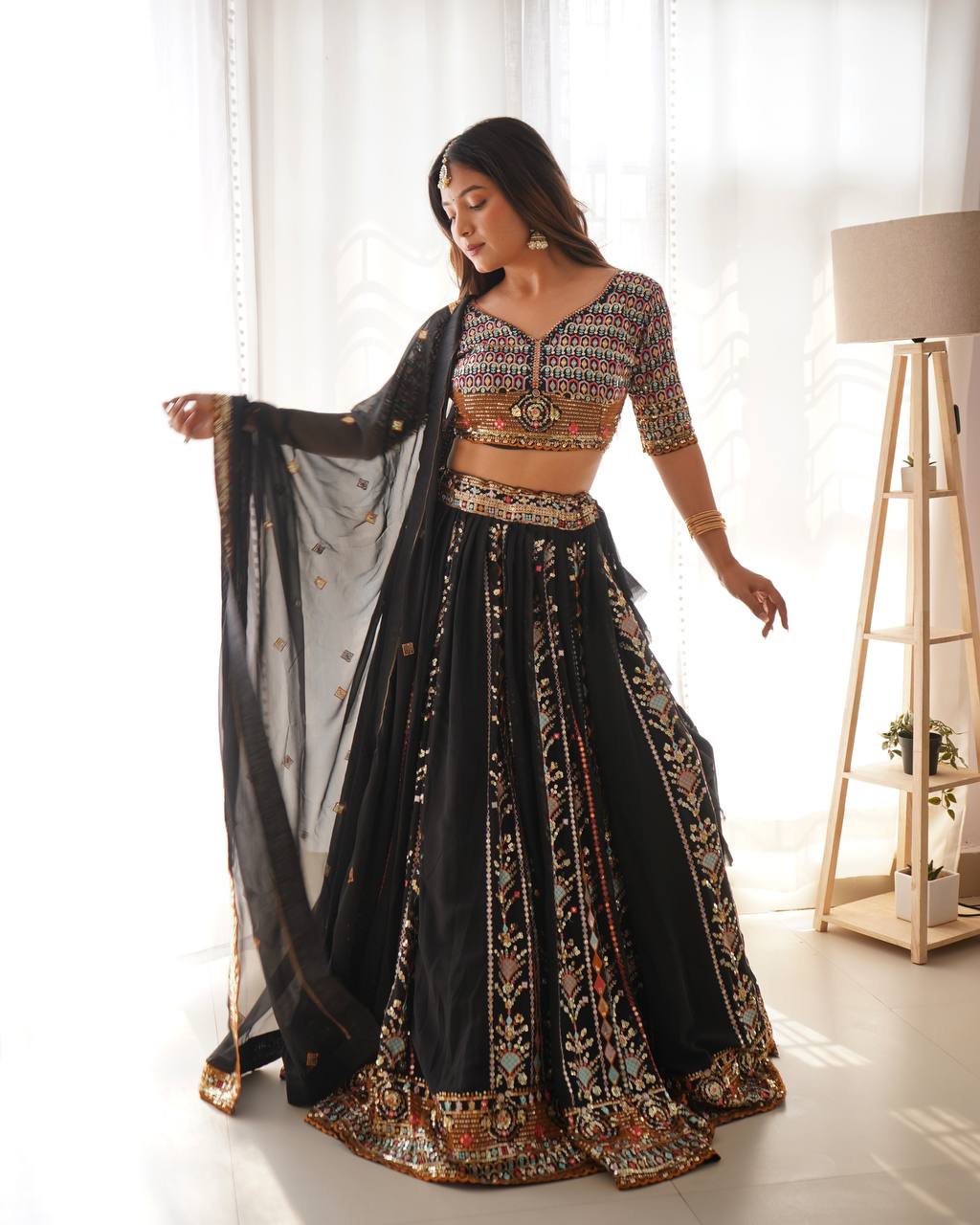 Black Party Wear Lehenga Choli in Georgette – Embellished with Sequin Embroidery Semi-Stitched