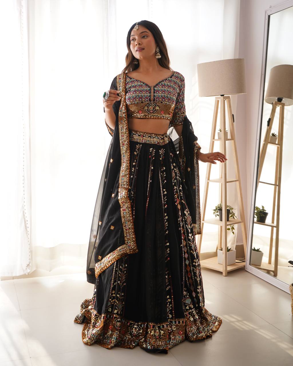 Black Party Wear Lehenga Choli in Georgette – Embellished with Sequin Embroidery Semi-Stitched