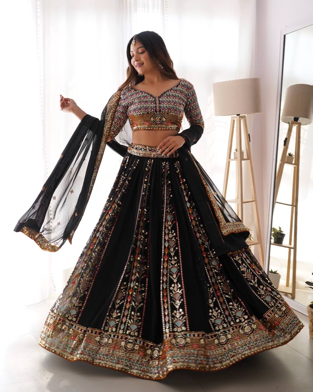 Black Party Wear Lehenga Choli in Georgette – Embellished with Sequin Embroidery Semi-Stitched