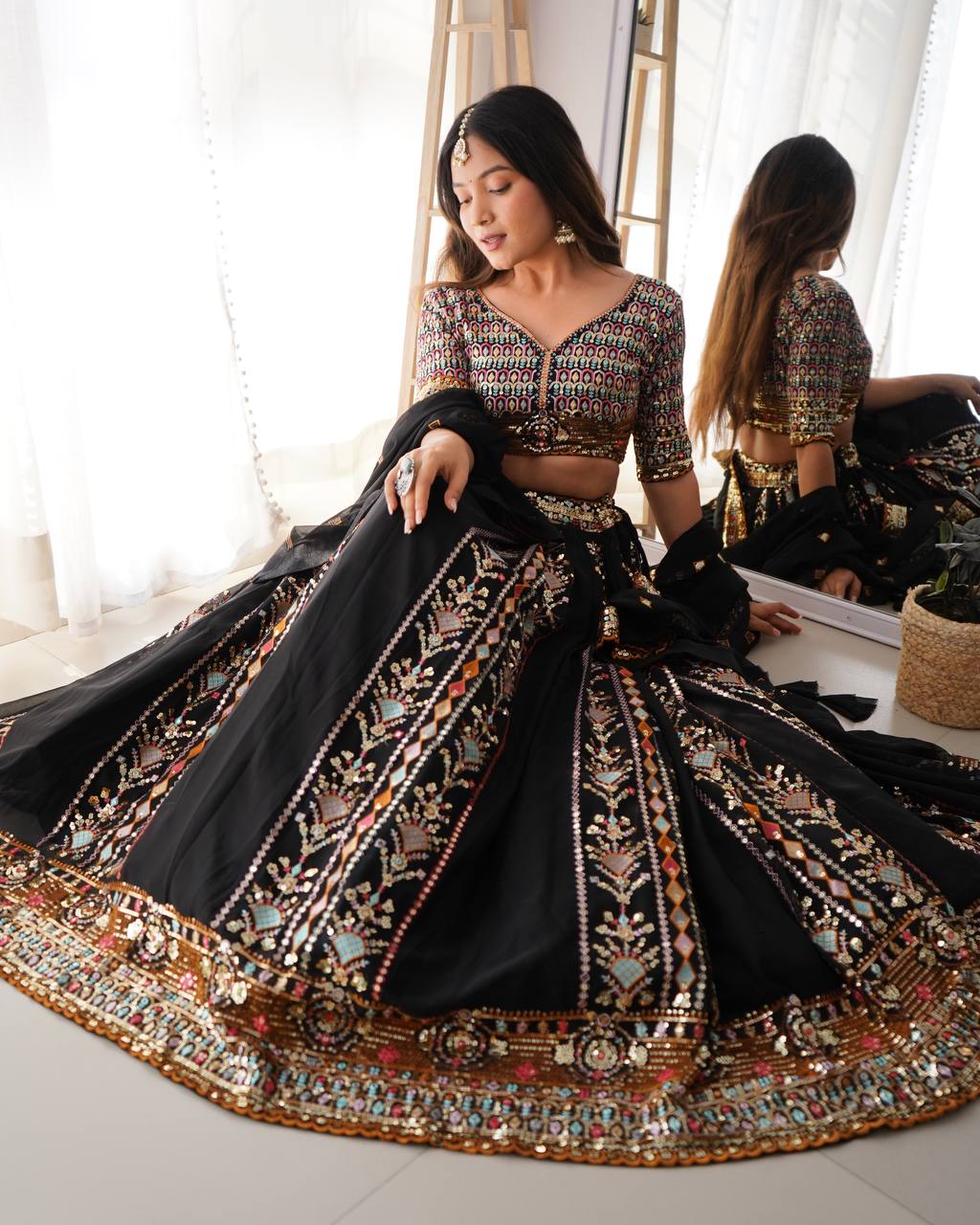 Black Party Wear Lehenga Choli in Georgette – Embellished with Sequin Embroidery Semi-Stitched