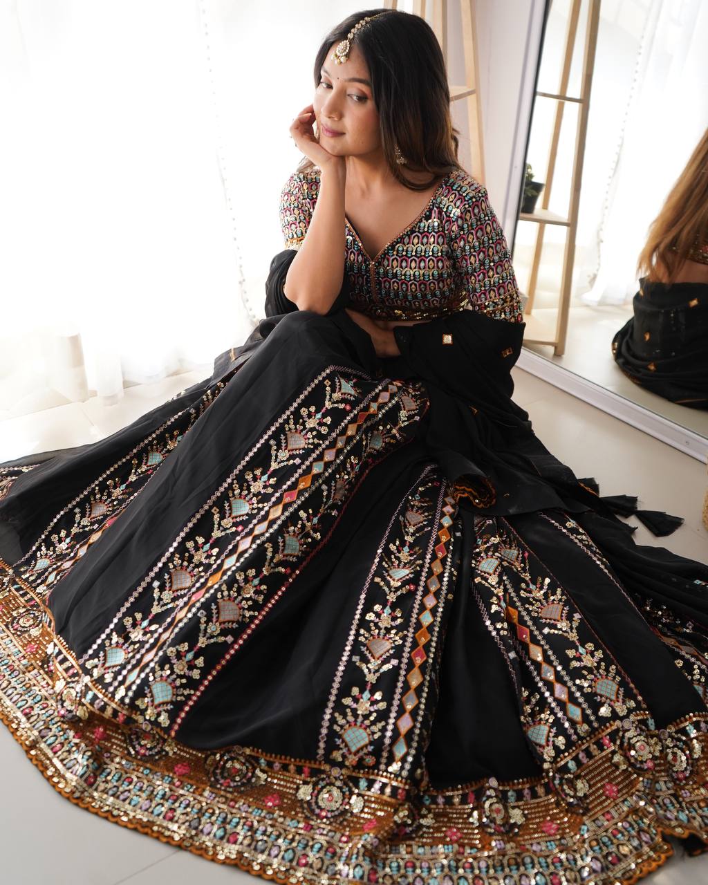 Black Party Wear Lehenga Choli in Georgette – Embellished with Sequin Embroidery Semi-Stitched