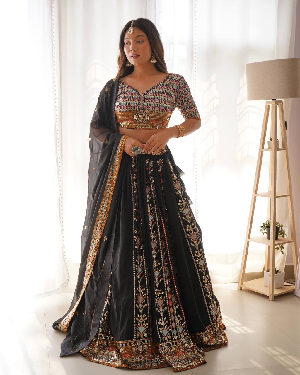 Black Party Wear Lehenga Choli in Georgette – Embellished with Sequin Embroidery Semi-Stitched