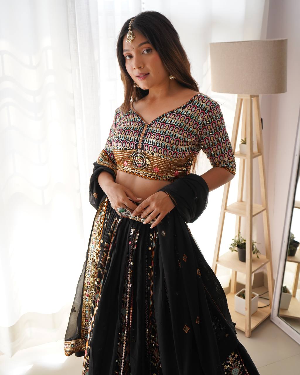 Black Party Wear Lehenga Choli in Georgette – Embellished with Sequin Embroidery Semi-Stitched