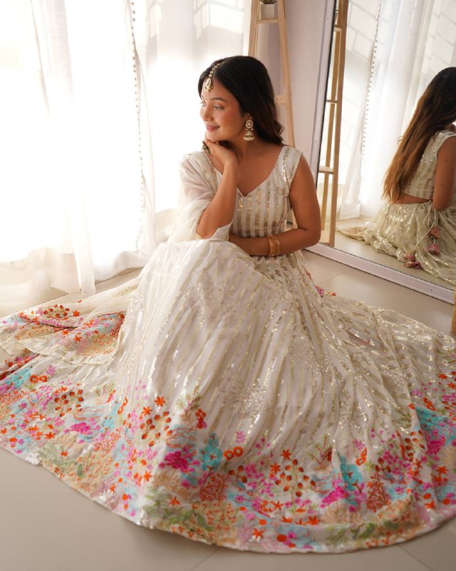 White Semi-Stitched Faux Georgette Party Wear Lehenga Choli with Sequin Detailing – Elegant & Glamorous Look