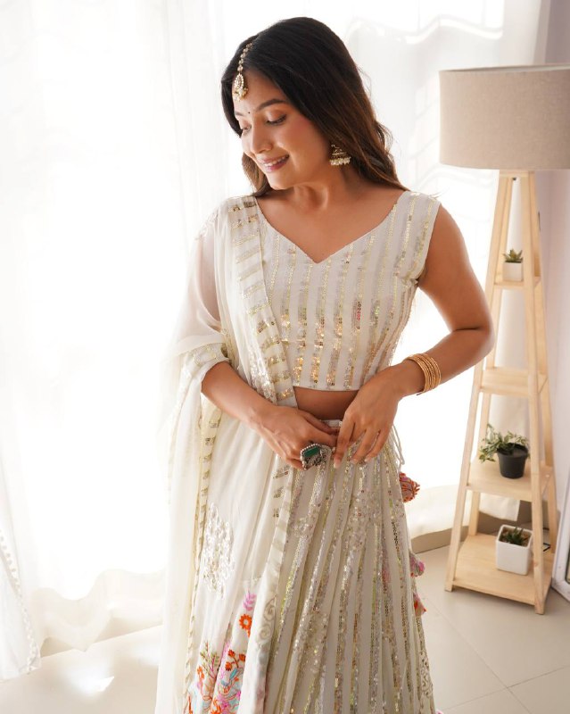 White Semi-Stitched Faux Georgette Party Wear Lehenga Choli with Sequin Detailing – Elegant & Glamorous Look
