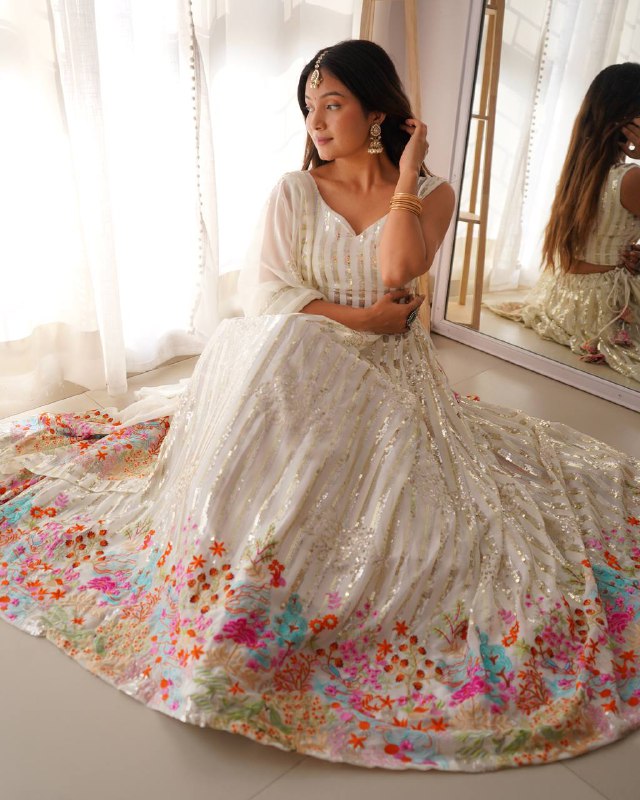White Semi-Stitched Faux Georgette Party Wear Lehenga Choli with Sequin Detailing – Elegant & Glamorous Look