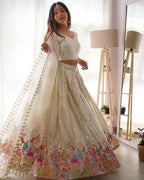 White Semi-Stitched Faux Georgette Party Wear Lehenga Choli with Sequin Detailing – Elegant & Glamorous Look
