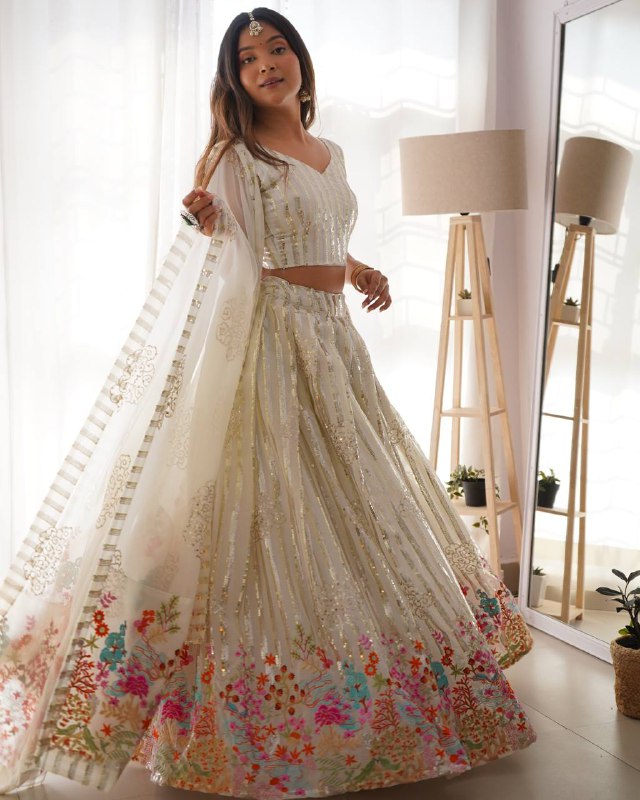 White Semi-Stitched Faux Georgette Party Wear Lehenga Choli with Sequin Detailing – Elegant & Glamorous Look