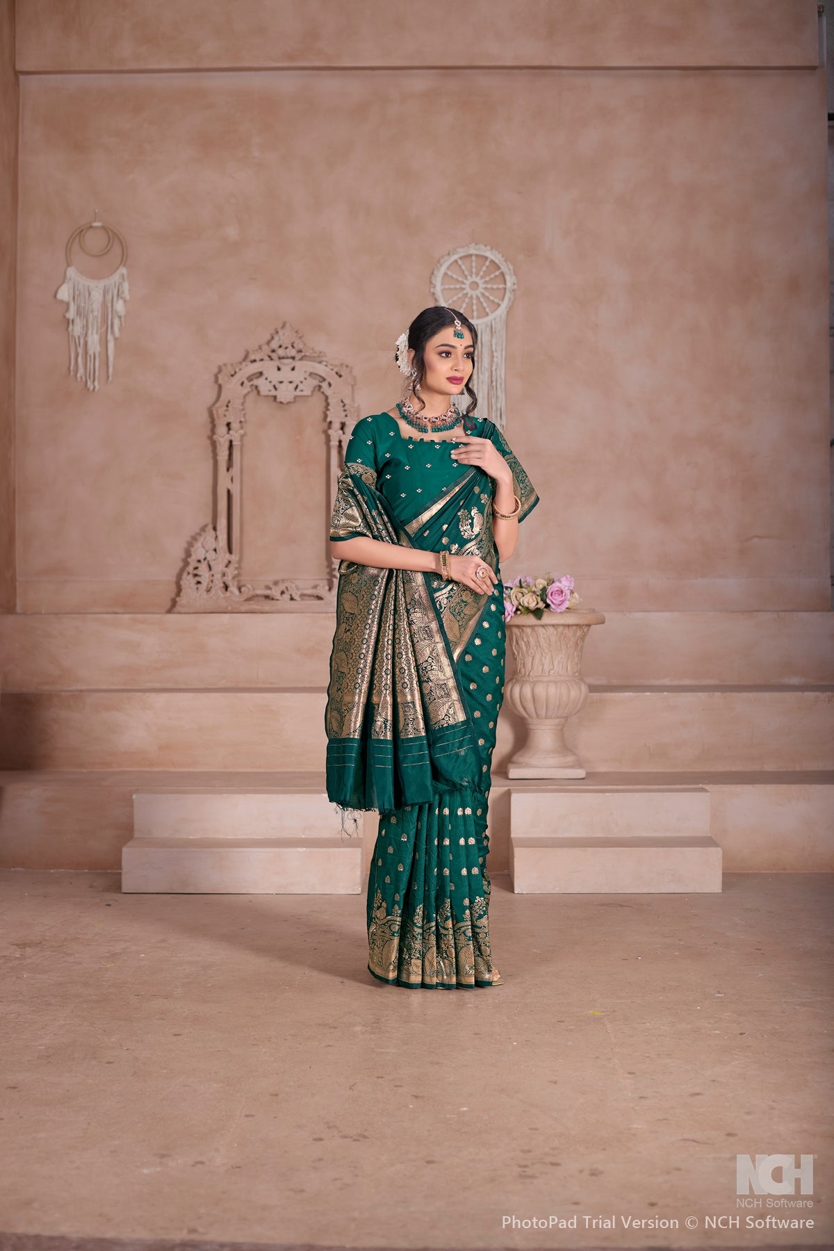 Floral Patterned Green Art Silk Saree with Matching Blouse