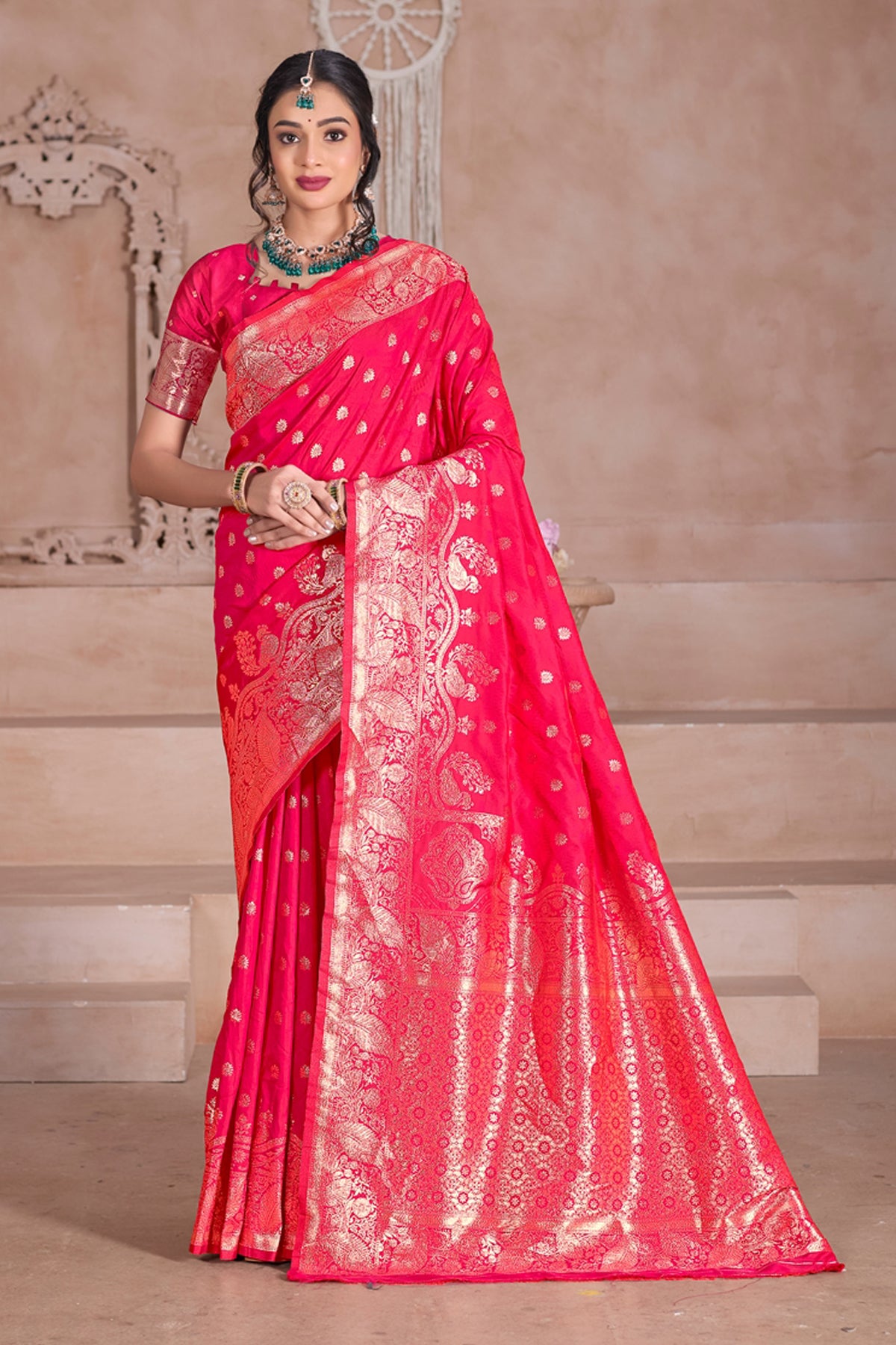 Floral Patterned Pink Art Silk Saree with Matching Blouse