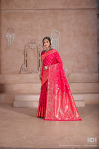 Floral Patterned Pink Art Silk Saree with Matching Blouse