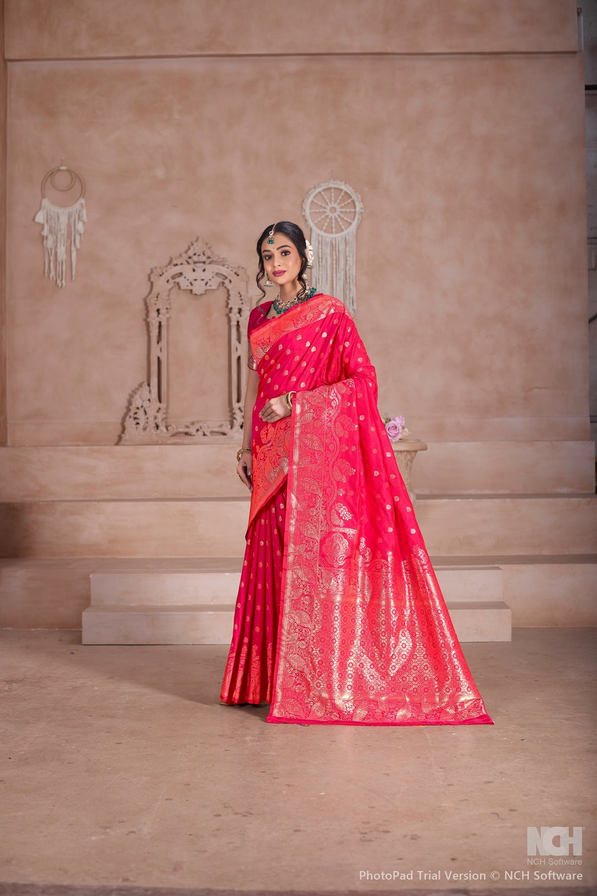 Floral Patterned Pink Art Silk Saree with Matching Blouse