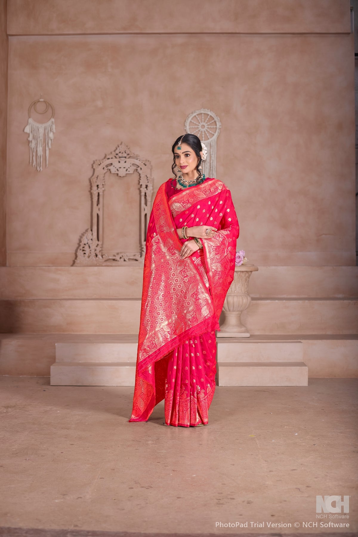 Floral Patterned Pink Art Silk Saree with Matching Blouse