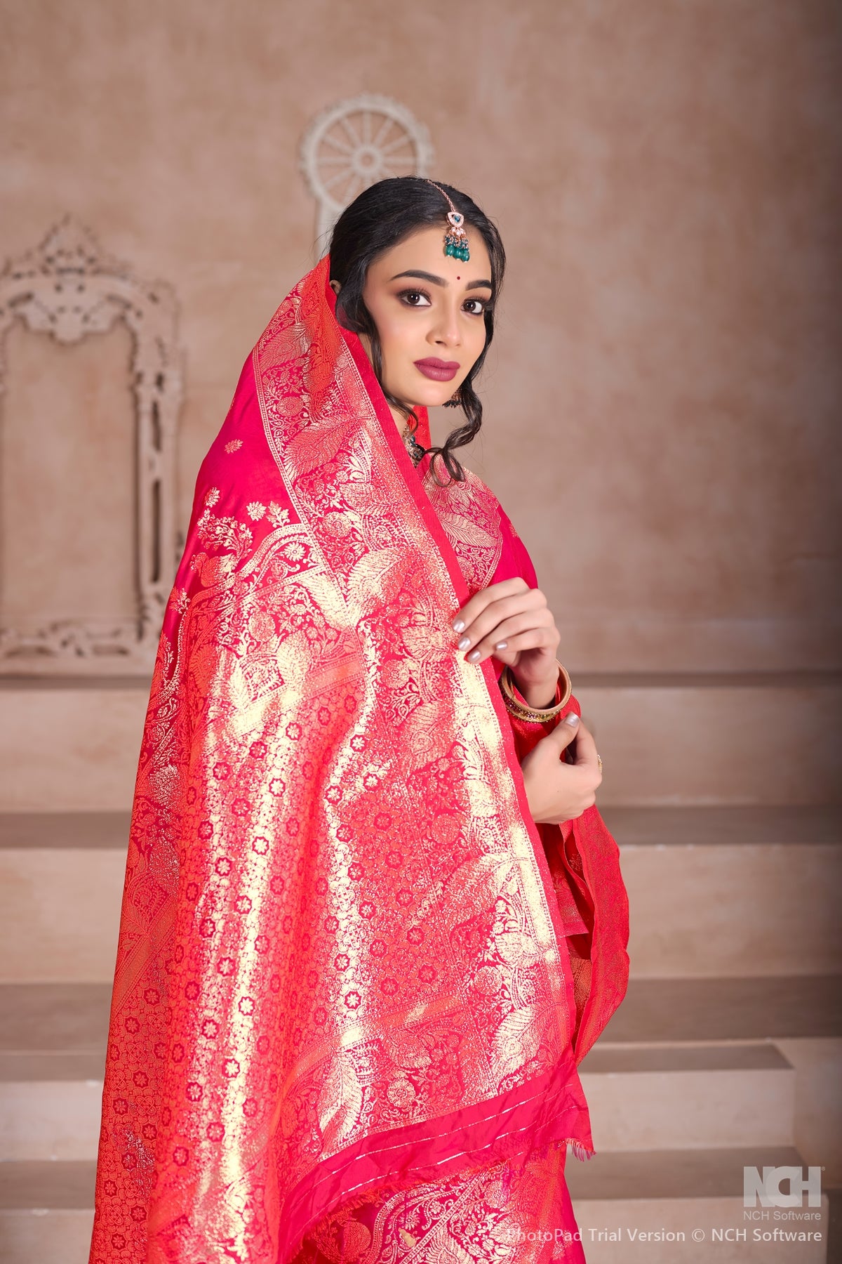 Floral Patterned Pink Art Silk Saree with Matching Blouse