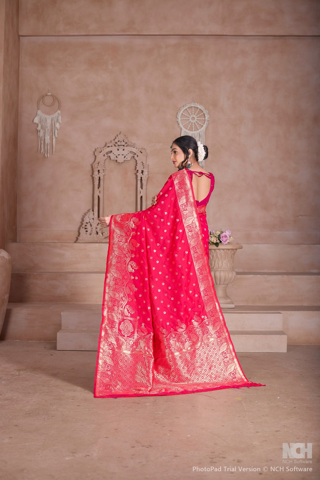 Floral Patterned Pink Art Silk Saree with Matching Blouse