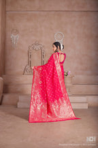 Floral Patterned Pink Art Silk Saree with Matching Blouse