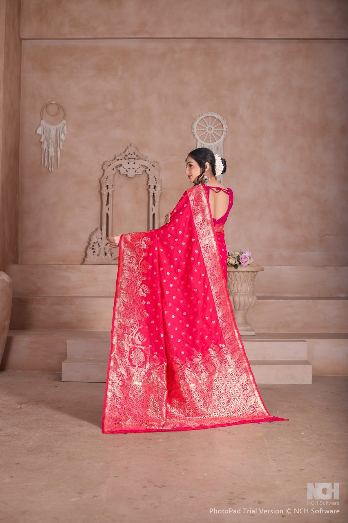 Floral Patterned Pink Art Silk Saree with Matching Blouse