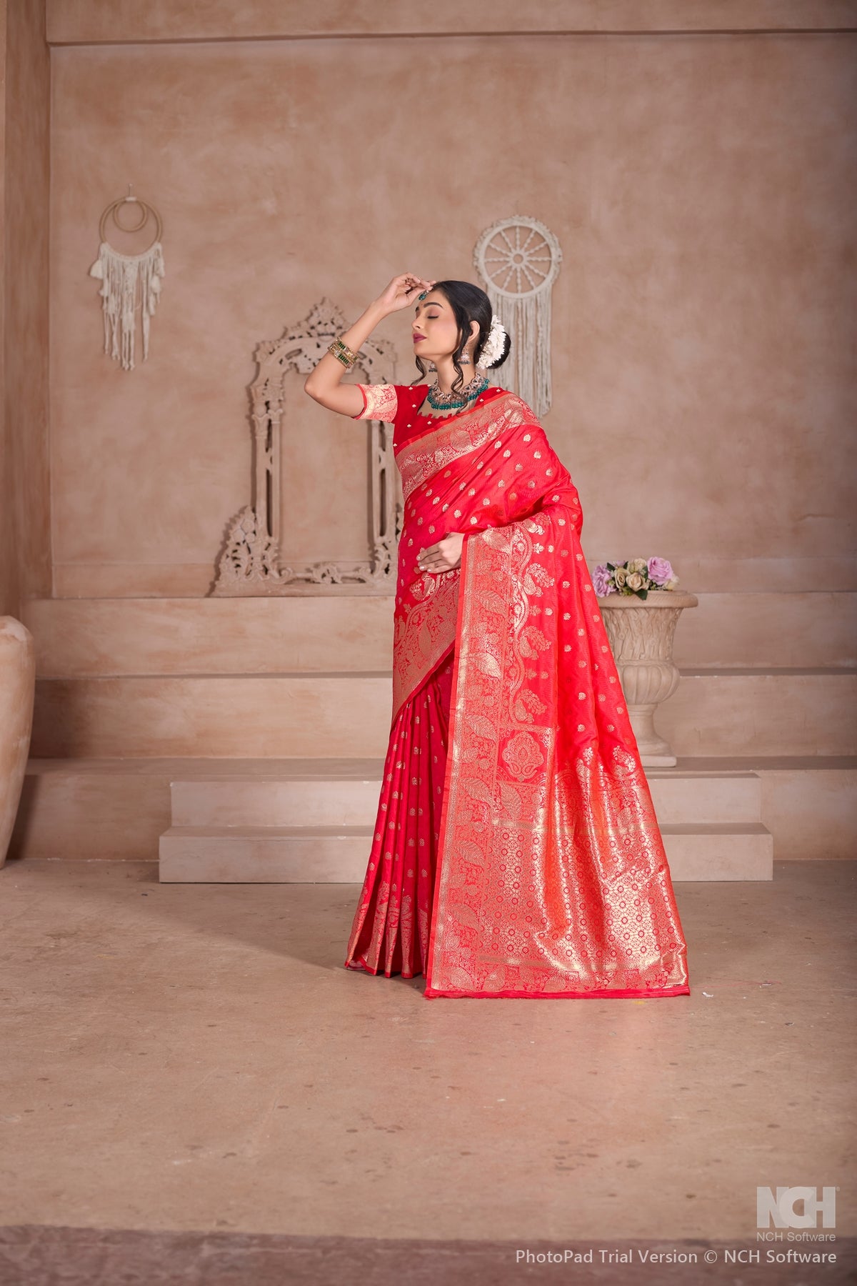 Floral Patterned Red Art Silk Saree with Matching Blouse