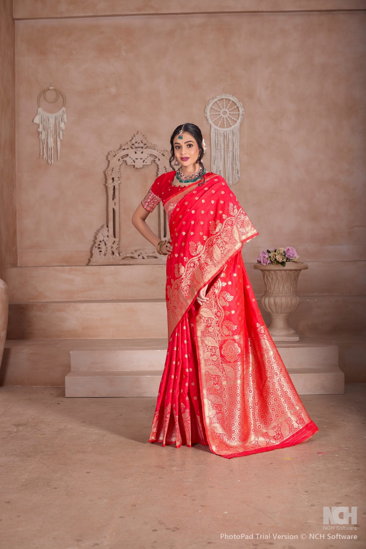 Floral Patterned Red Art Silk Saree with Matching Blouse