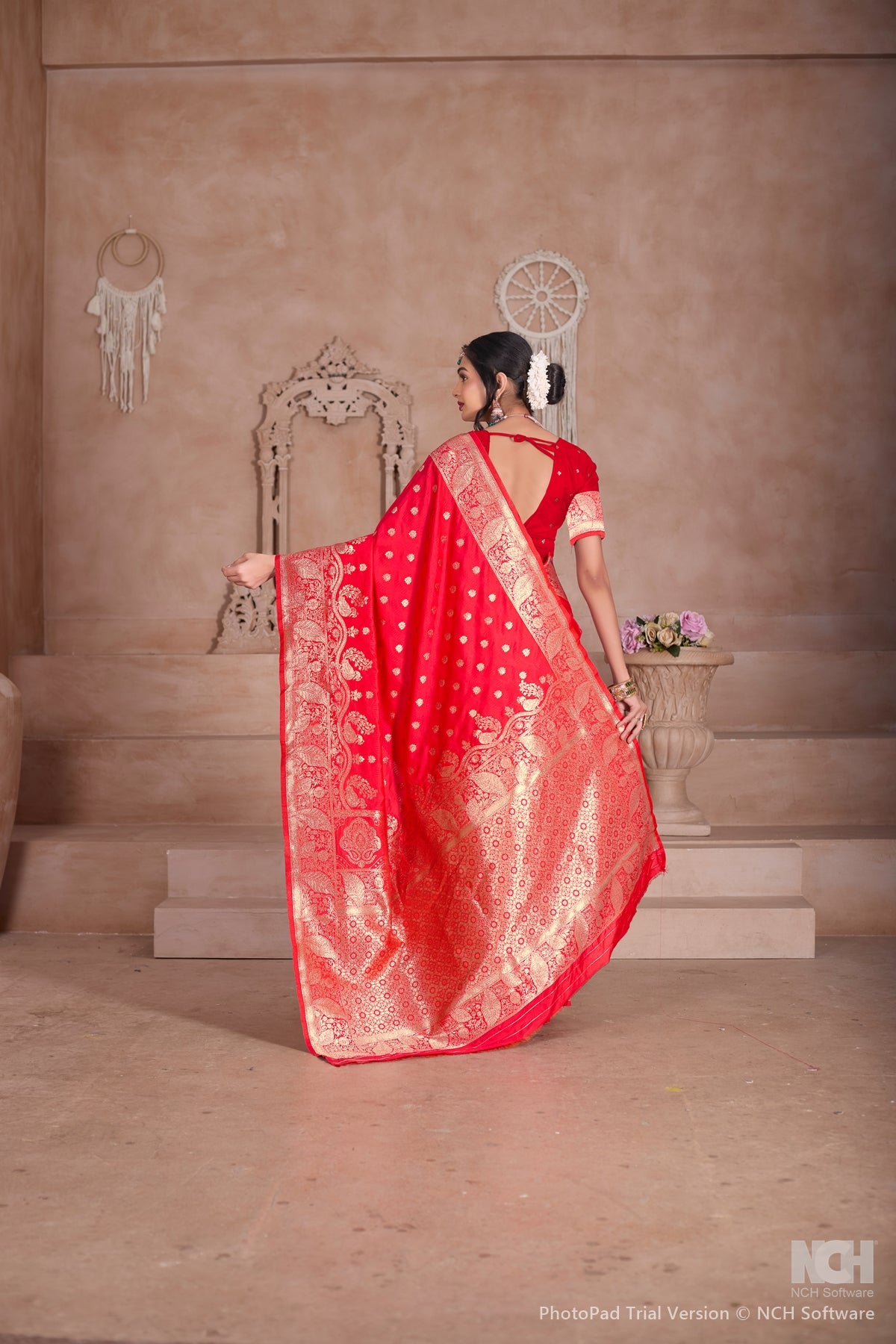 Floral Patterned Red Art Silk Saree with Matching Blouse