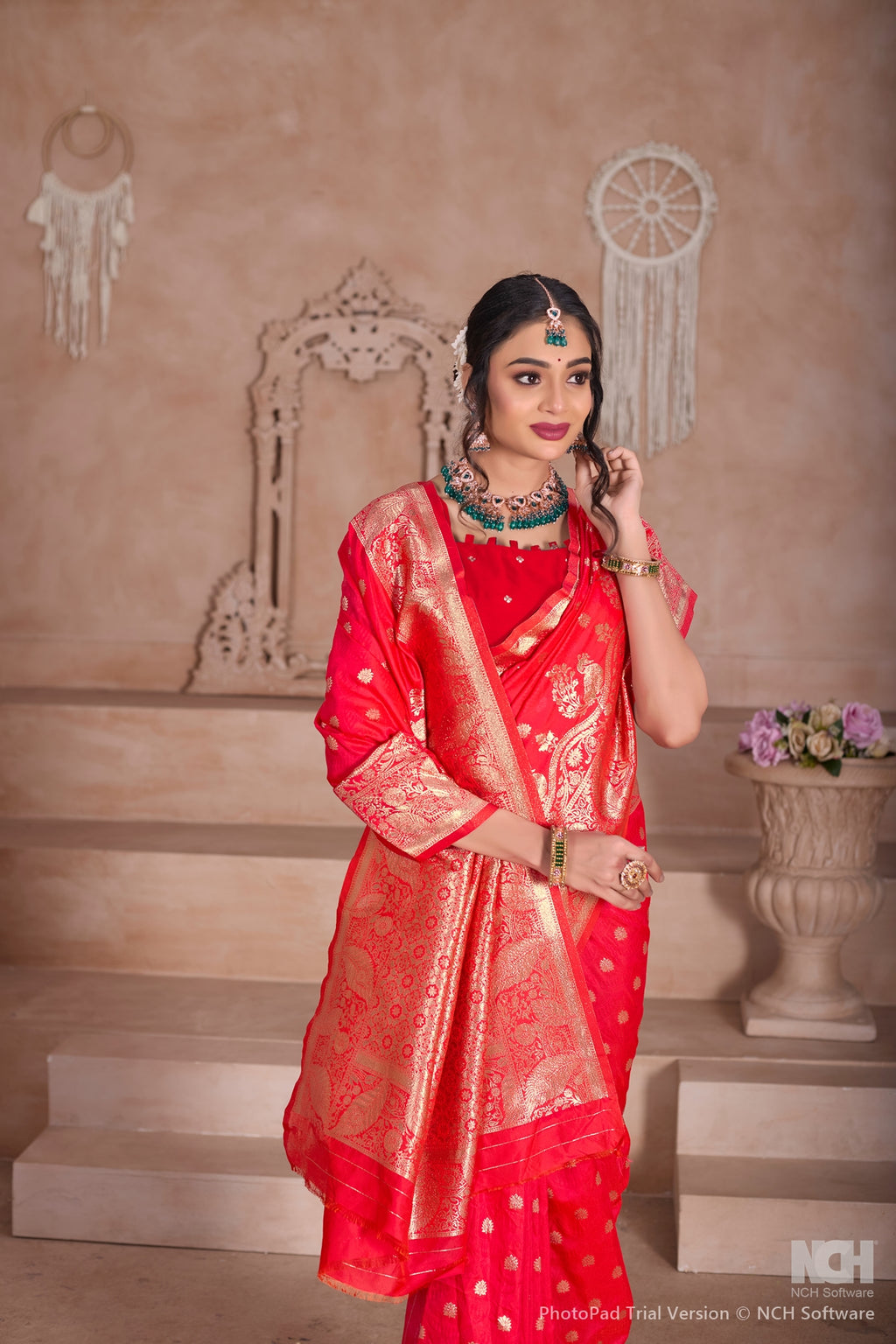 Floral Patterned Red Art Silk Saree with Matching Blouse