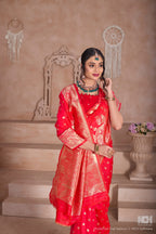 Floral Patterned Red Art Silk Saree with Matching Blouse
