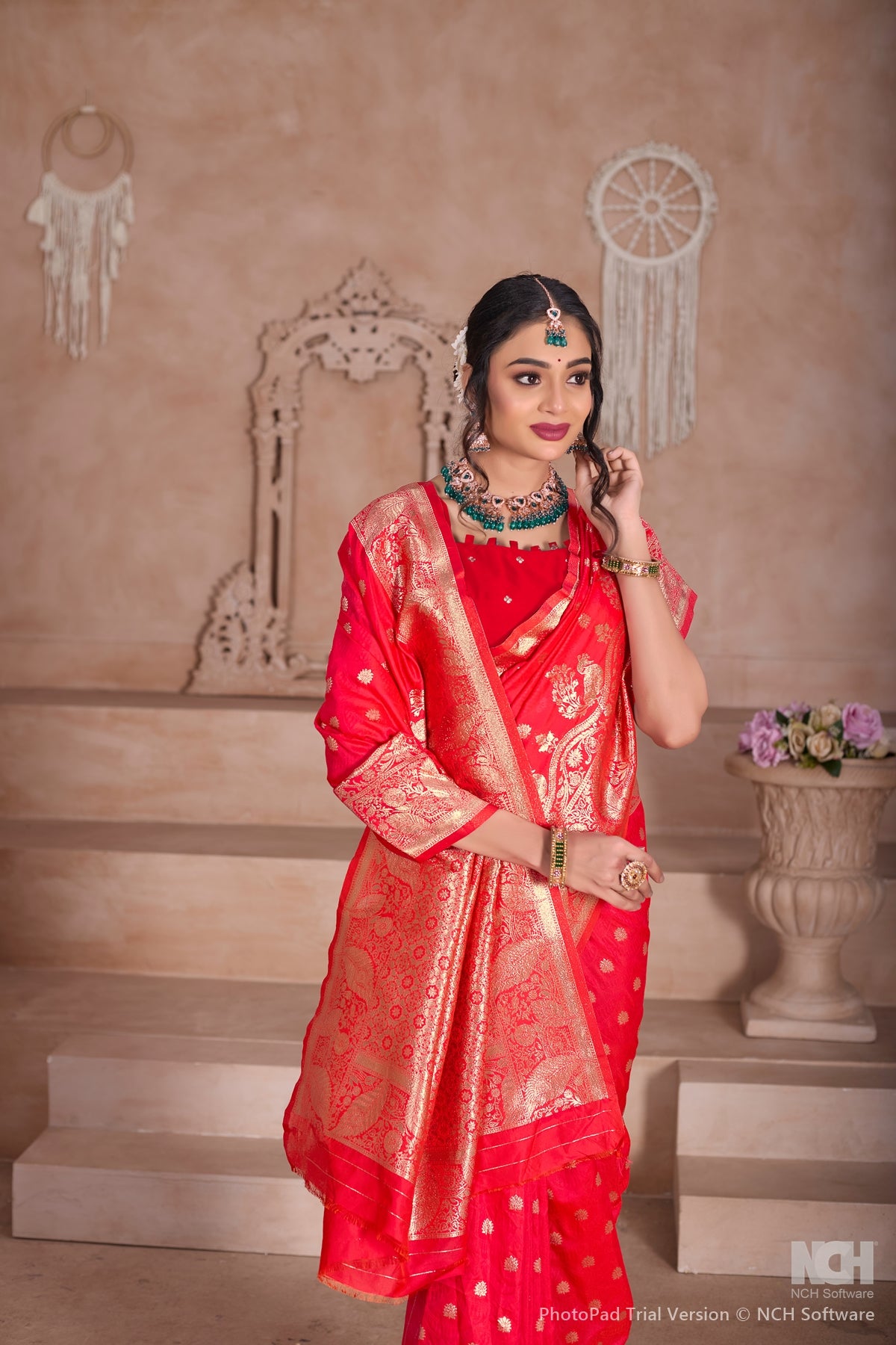 Floral Patterned Red Art Silk Saree with Matching Blouse