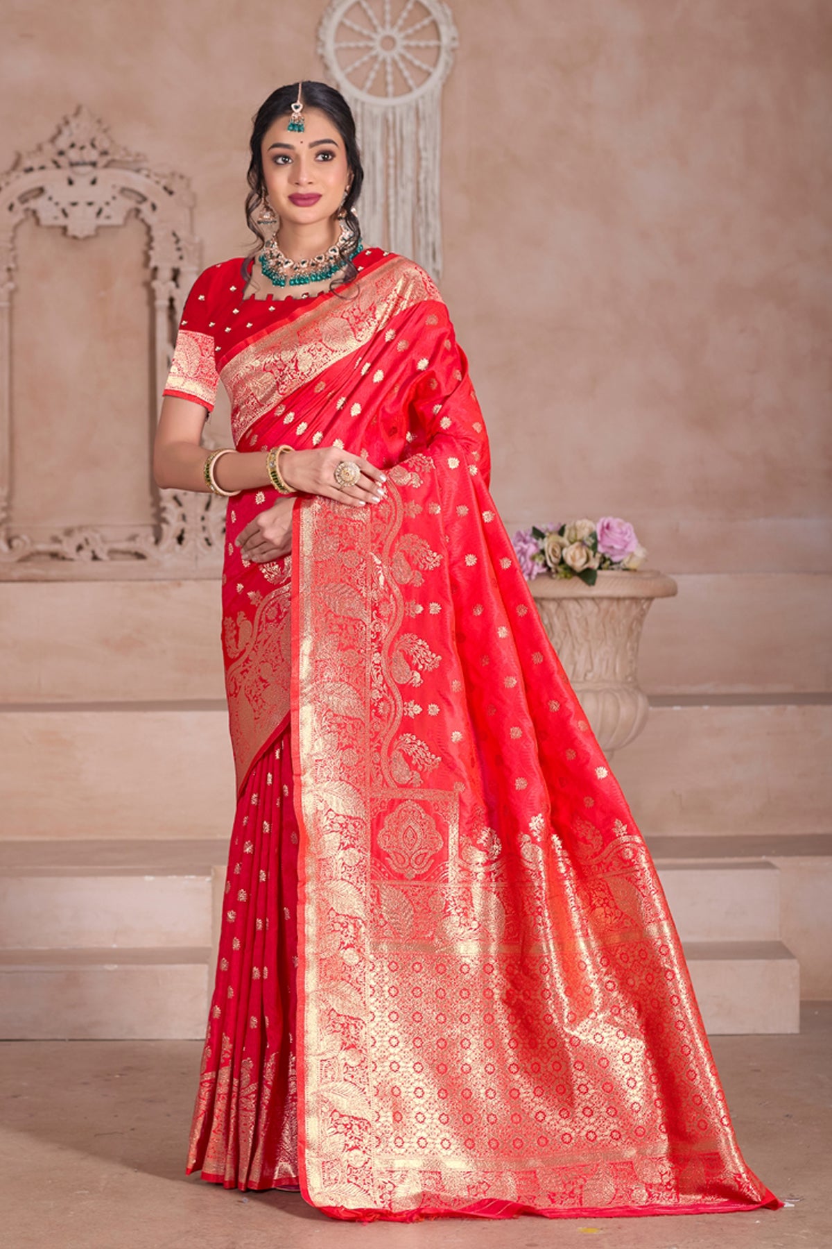 Floral Patterned Red Art Silk Saree with Matching Blouse