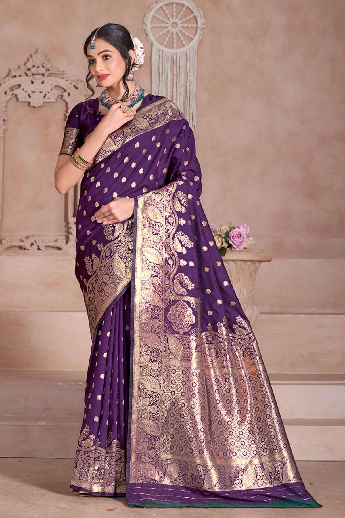 Floral Patterned Wine Art Silk Saree with Matching Blouse