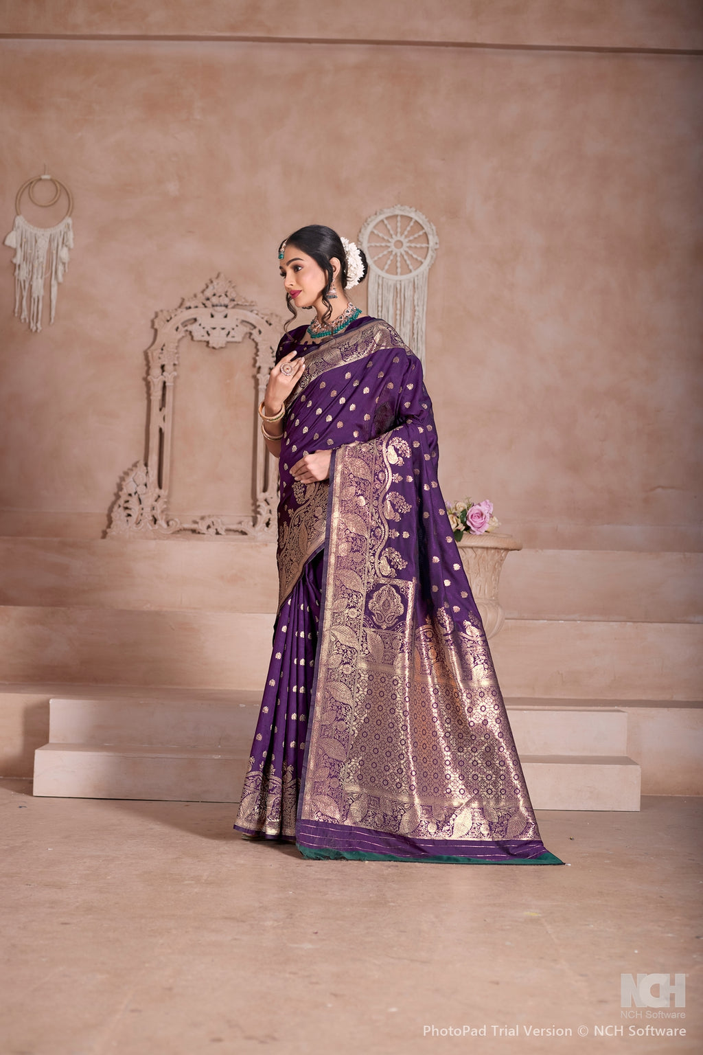 Floral Patterned Wine Art Silk Saree with Matching Blouse