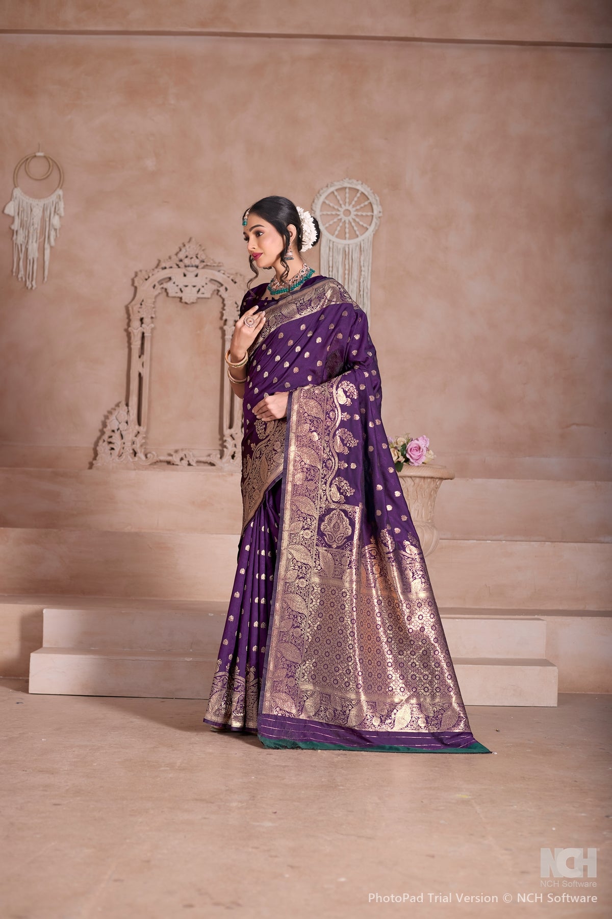 Floral Patterned Wine Art Silk Saree with Matching Blouse