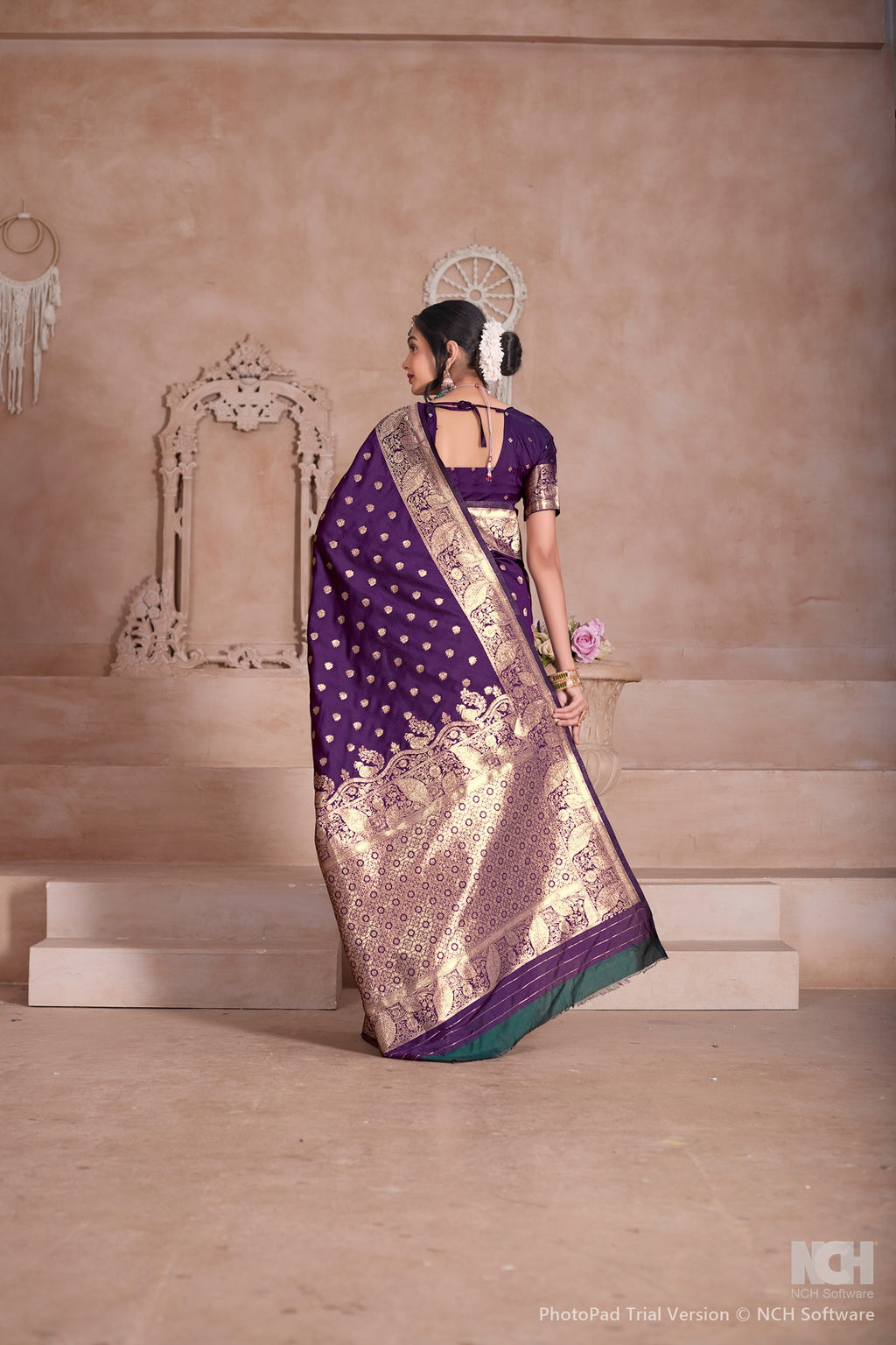 Floral Patterned Wine Art Silk Saree with Matching Blouse
