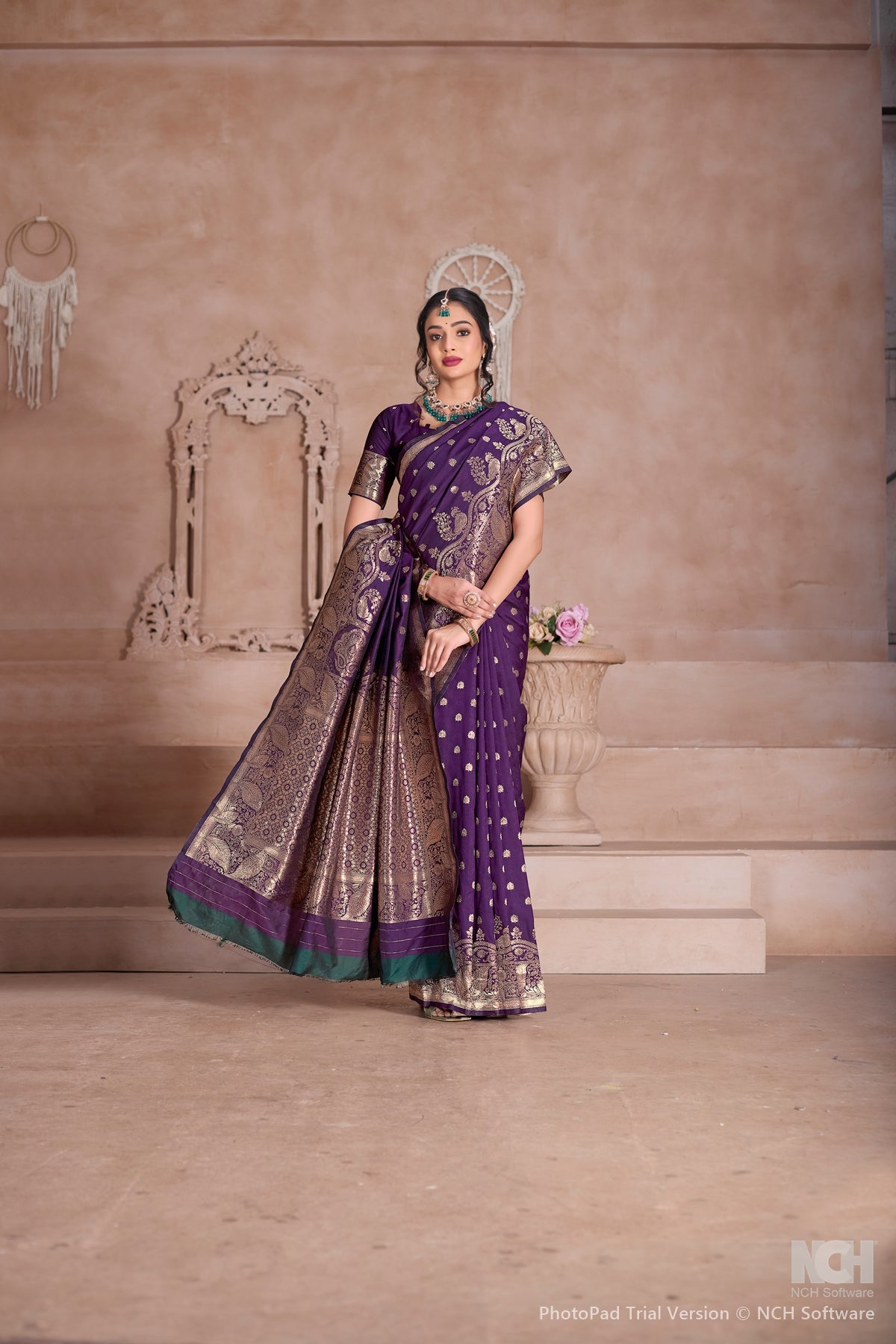 Floral Patterned Wine Art Silk Saree with Matching Blouse