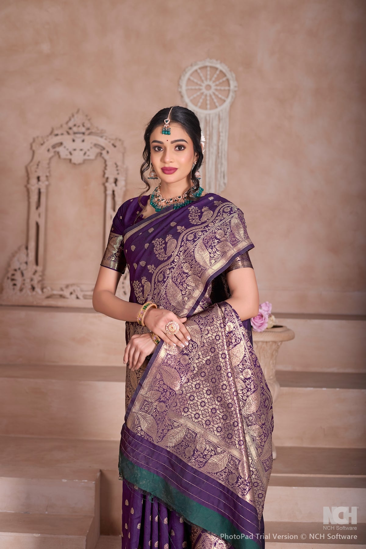 Floral Patterned Wine Art Silk Saree with Matching Blouse