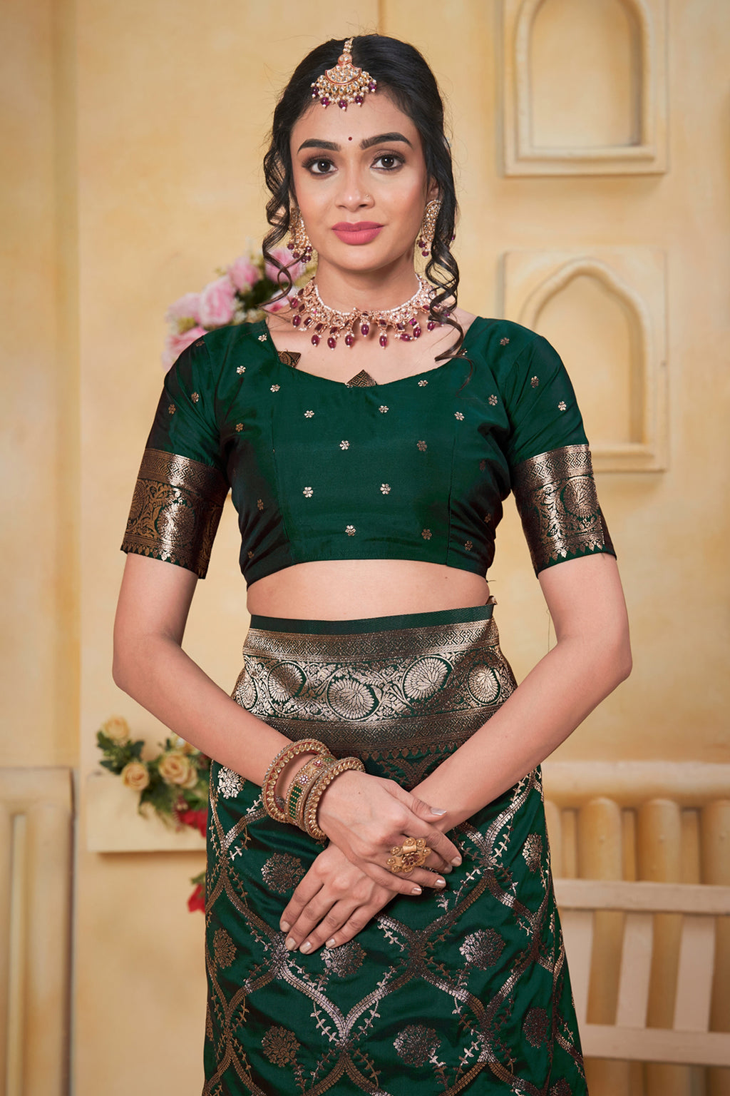 Green Art Silk Saree for Women with Ethnic Prints and Blouse