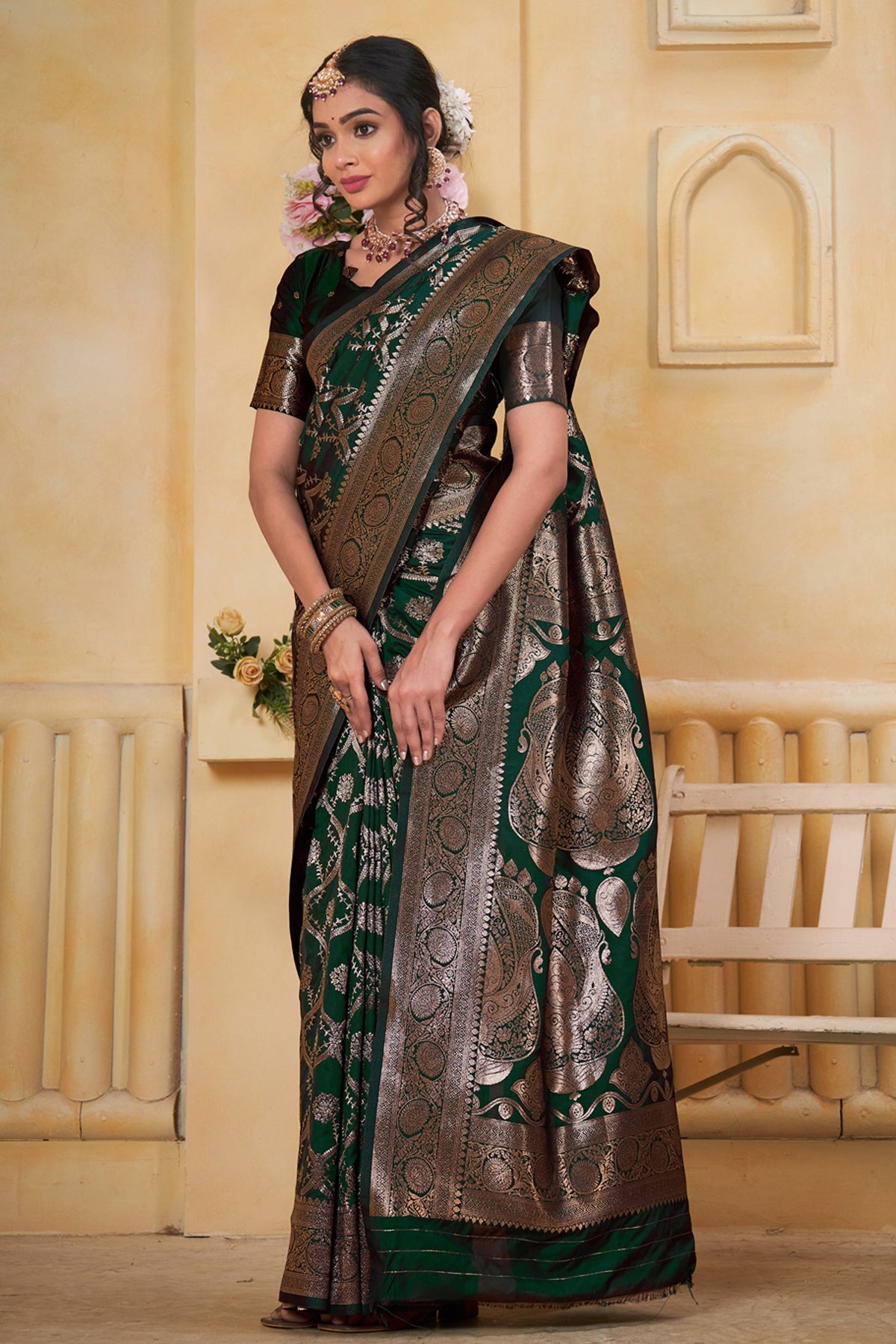Green Art Silk Saree for Women with Ethnic Prints and Blouse