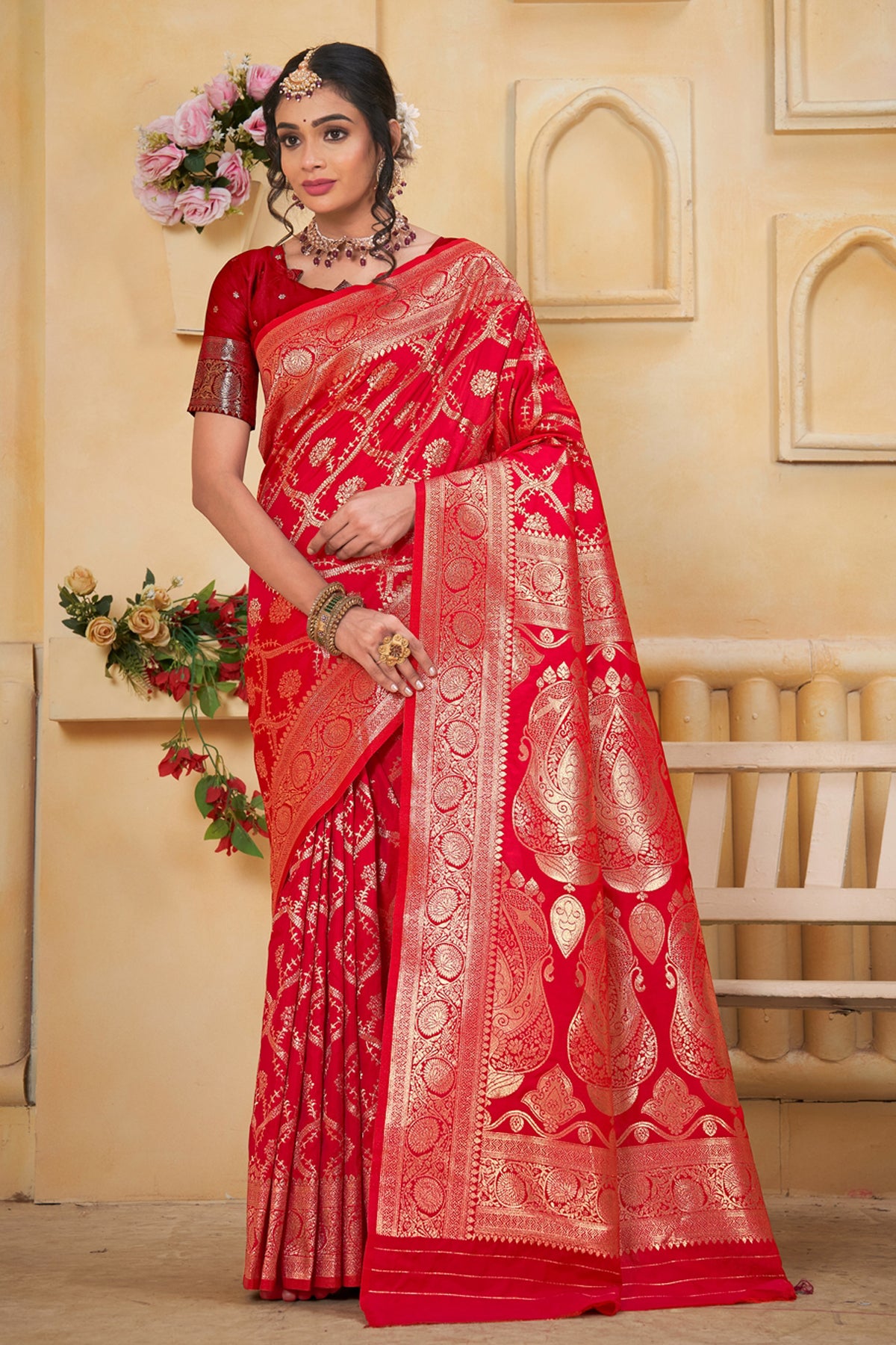 Pink Art Silk Saree for Women with Ethnic Prints and Blouse