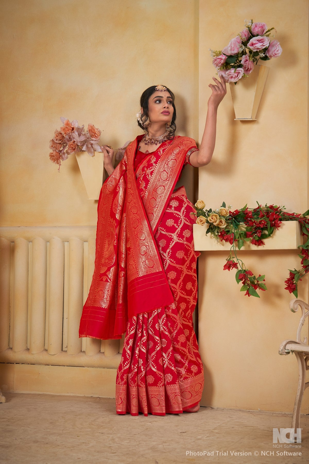 Pink Art Silk Saree for Women with Ethnic Prints and Blouse