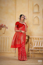 Red Art Silk Saree for Women with Ethnic Prints and Blouse
