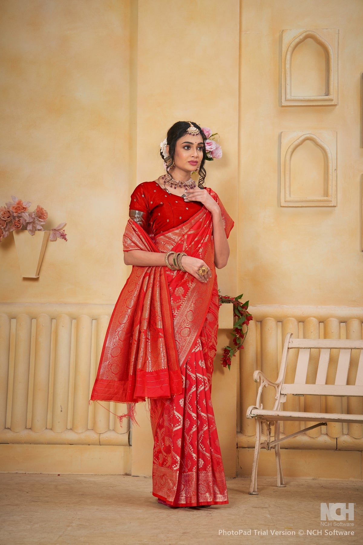 Red Art Silk Saree for Women with Ethnic Prints and Blouse