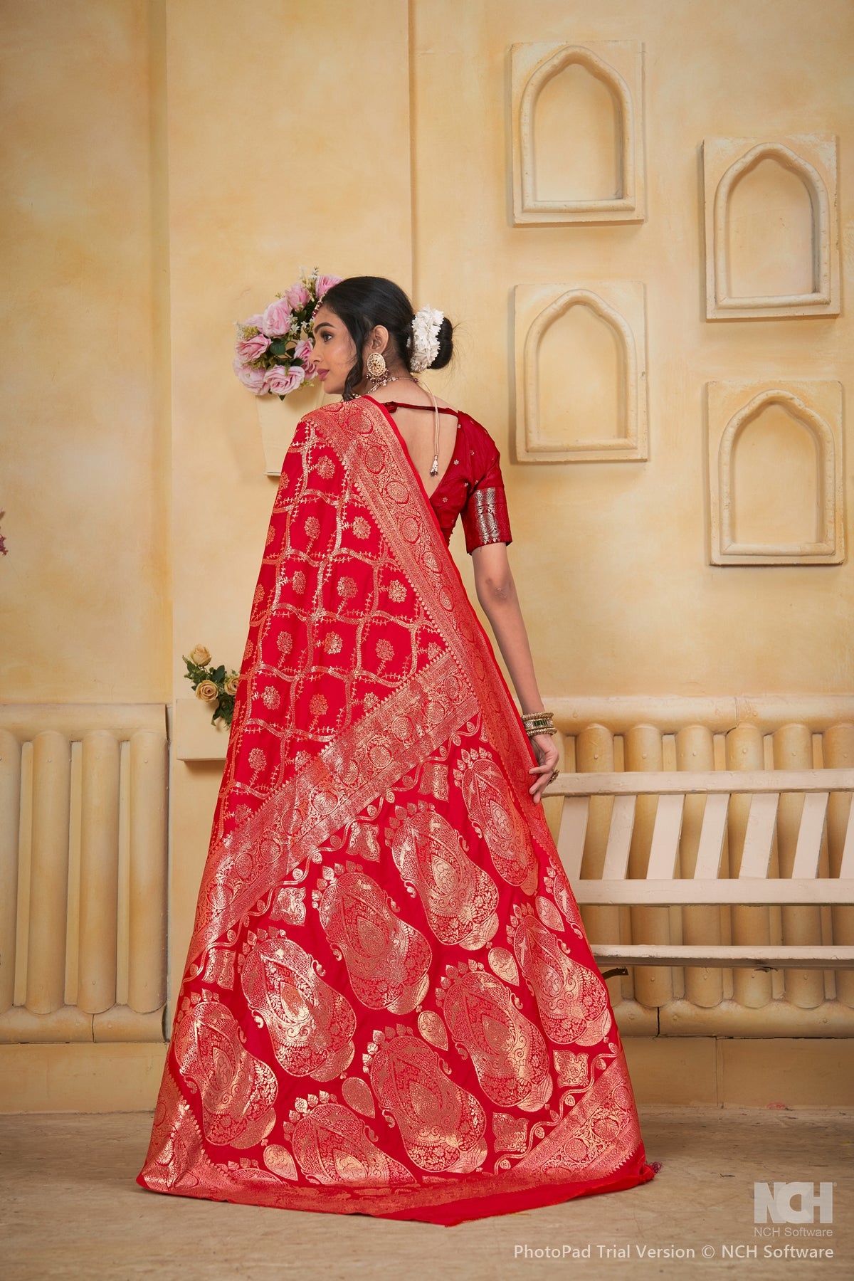 Red Art Silk Saree for Women with Ethnic Prints and Blouse