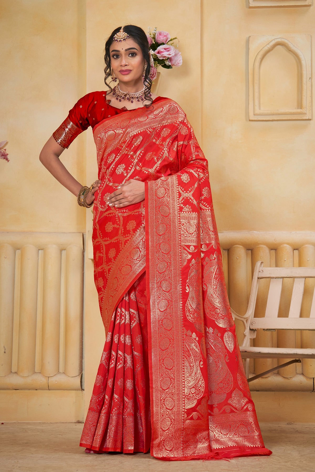 Red Art Silk Saree for Women with Ethnic Prints and Blouse
